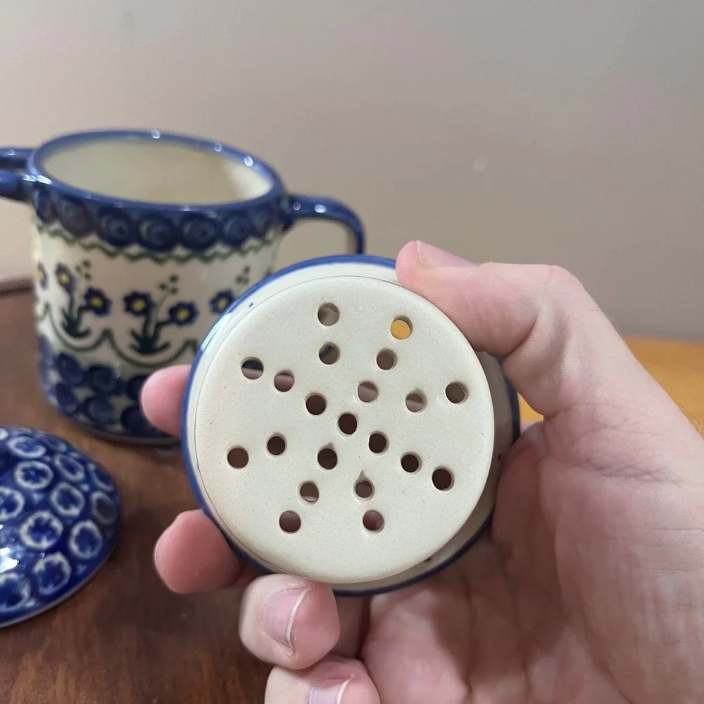 Vtg Polish Pottery Unikat Tea Infuser Mug Strainer Set Boleslawiec Blue Floral